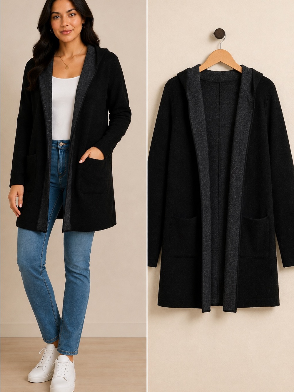 Tommy Bahama Women’s Hooded Wool Blend Open Front Cardigan Black Charcoal Size S